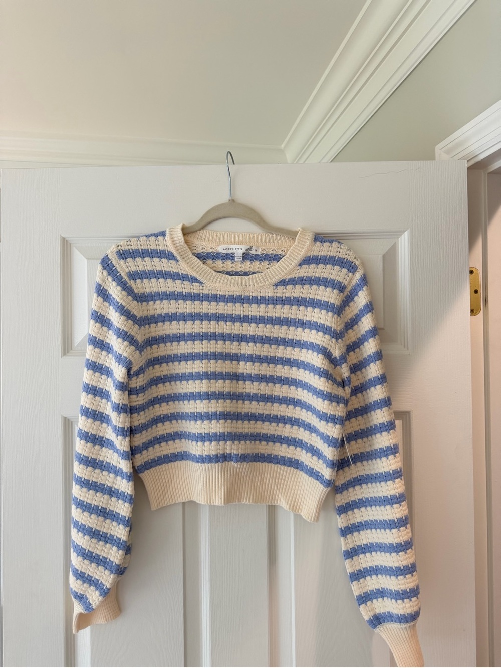 Altar'd State Cream & Light Blue Striped Crewneck Sweater